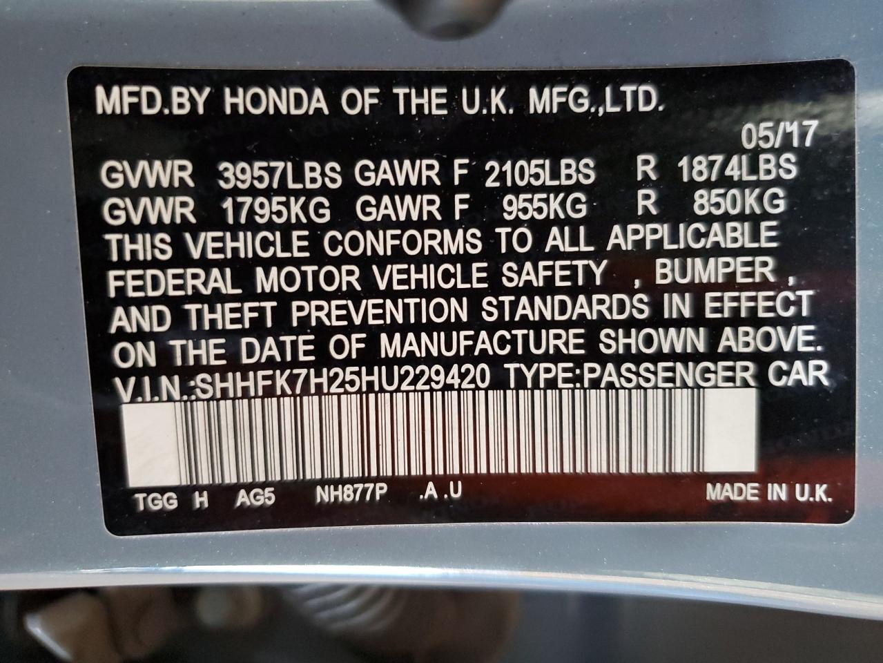 2017 Honda Civic Lx VIN: SHHFK7H25HU229420 Lot: 50649595