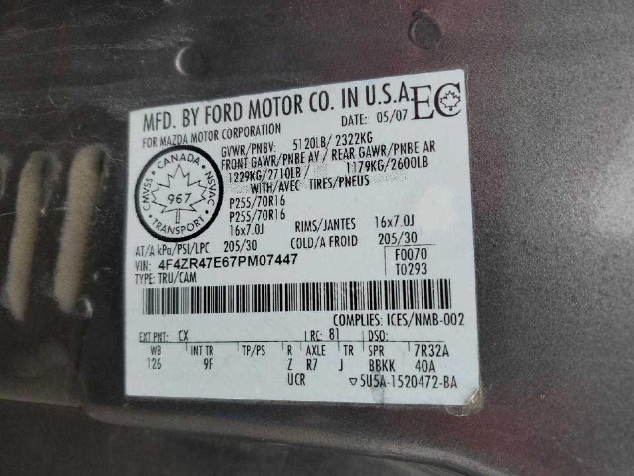 2007 Mazda B4000 Cab Plus VIN: 4F4ZR47E67PM07447 Lot: 46350305
