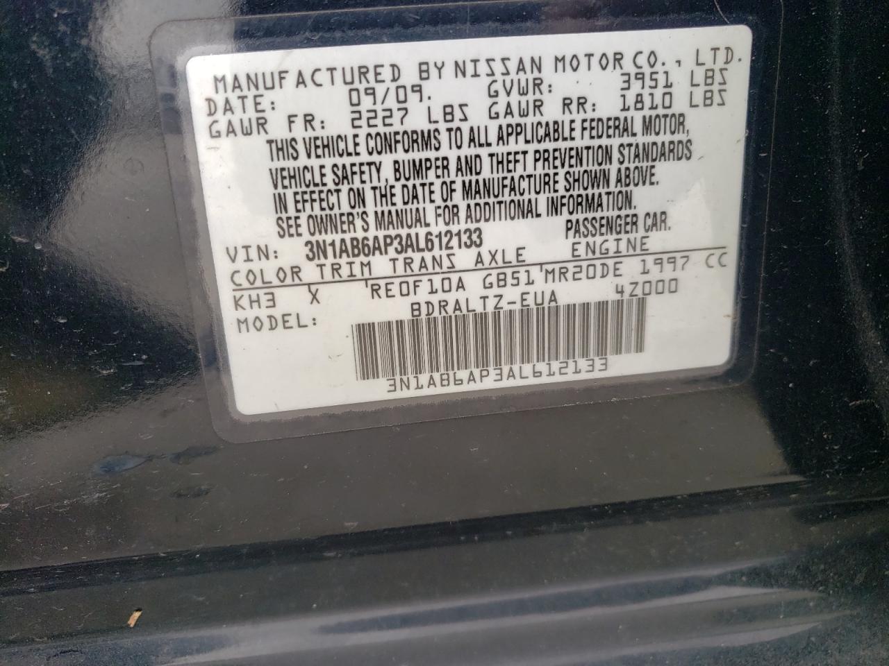 2010 Nissan Sentra 2.0 VIN: 3N1AB6AP3AL612133 Lot: 50930015