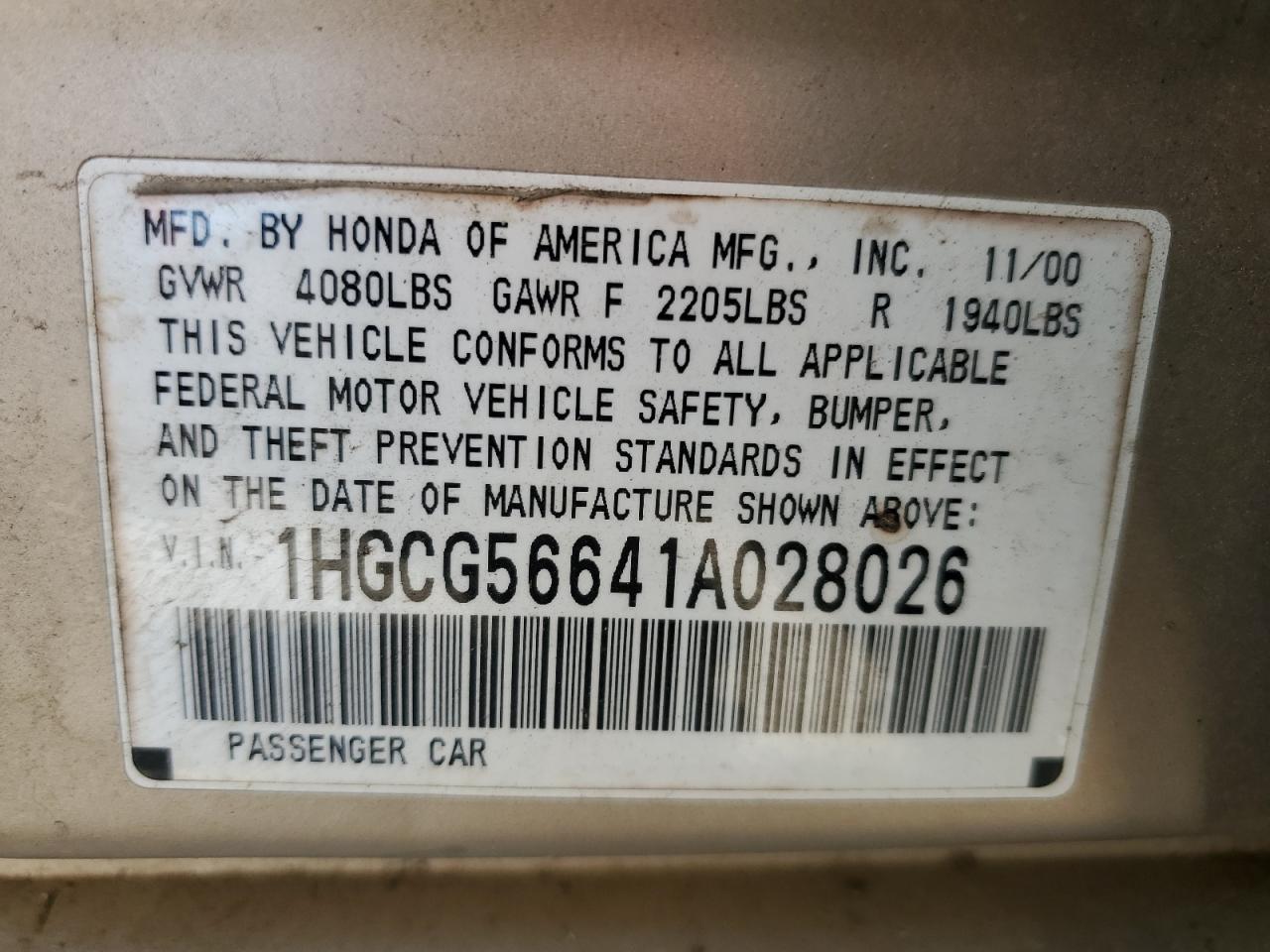 2001 Honda Accord Ex VIN: 1HGCG56641A028026 Lot: 58121355