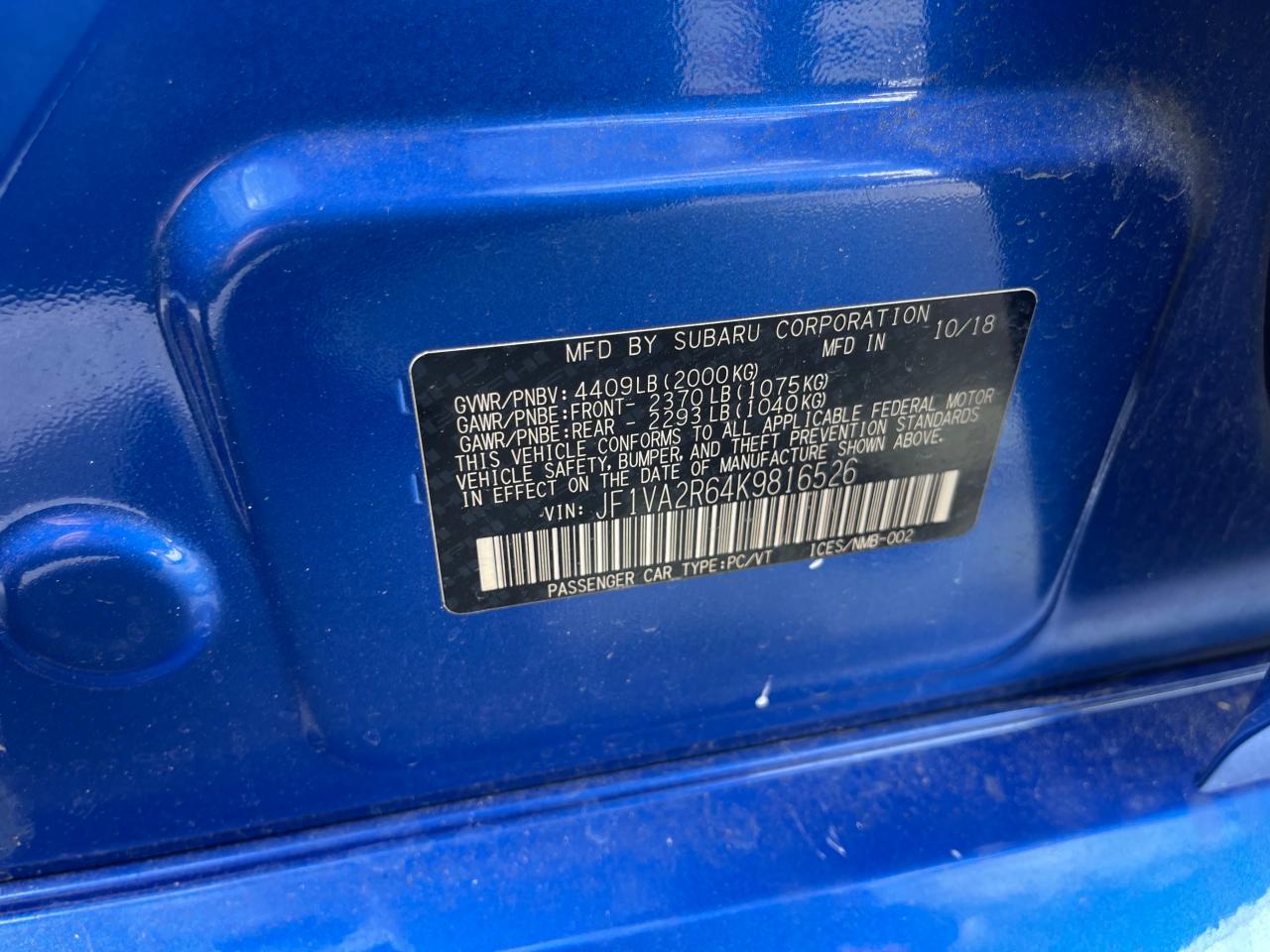 2019 Subaru Wrx Sti VIN: JF1VA2R64K9816526 Lot: 50268775