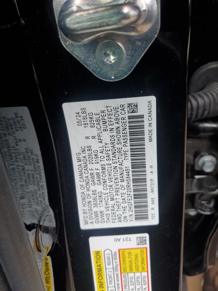 2024 Honda Civic Lx VIN: 2HGFE2F20RH584491 Lot: 47350045