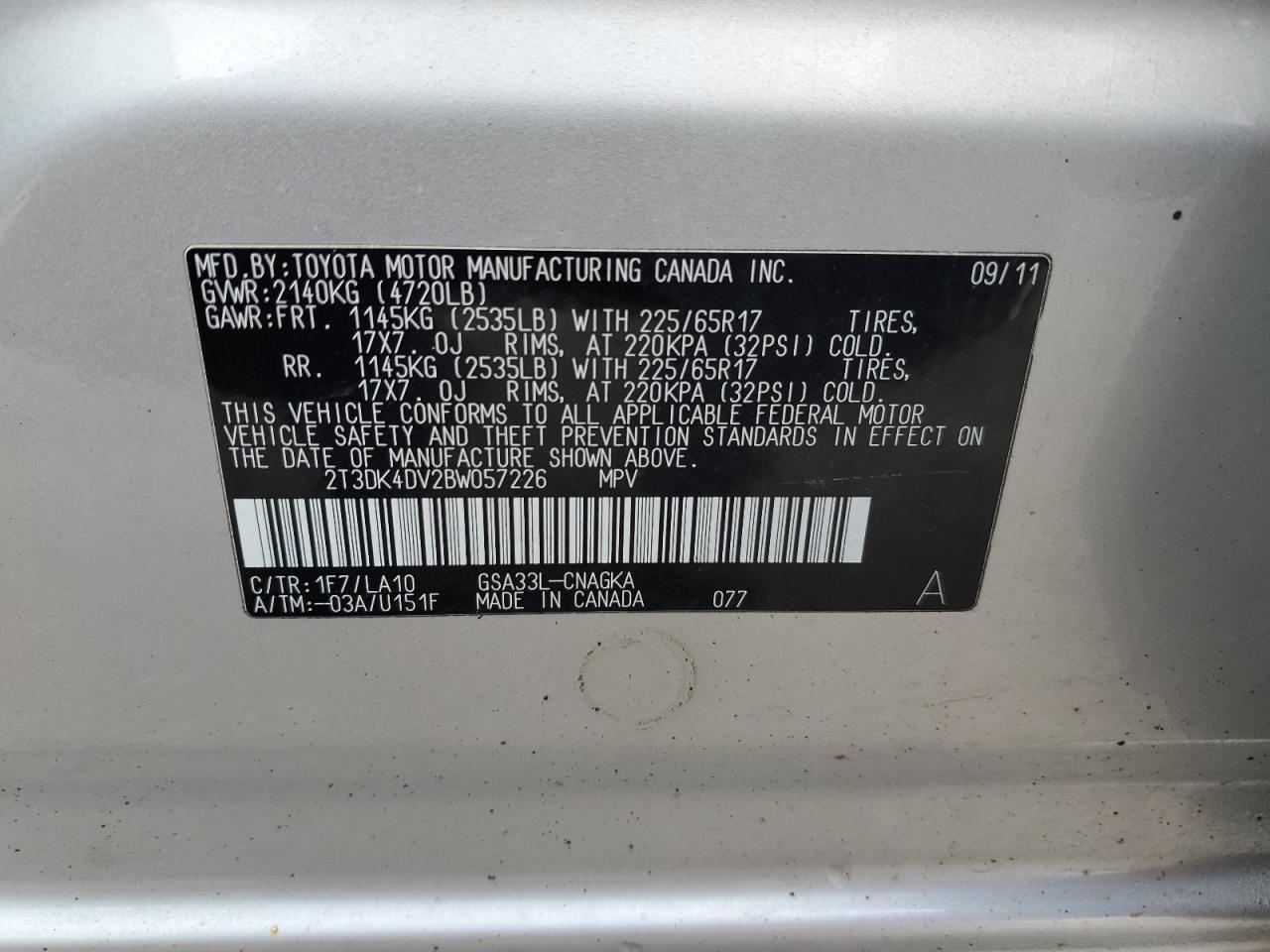 2011 Toyota Rav4 Limited VIN: 2T3DK4DV2BW057226 Lot: 50628665