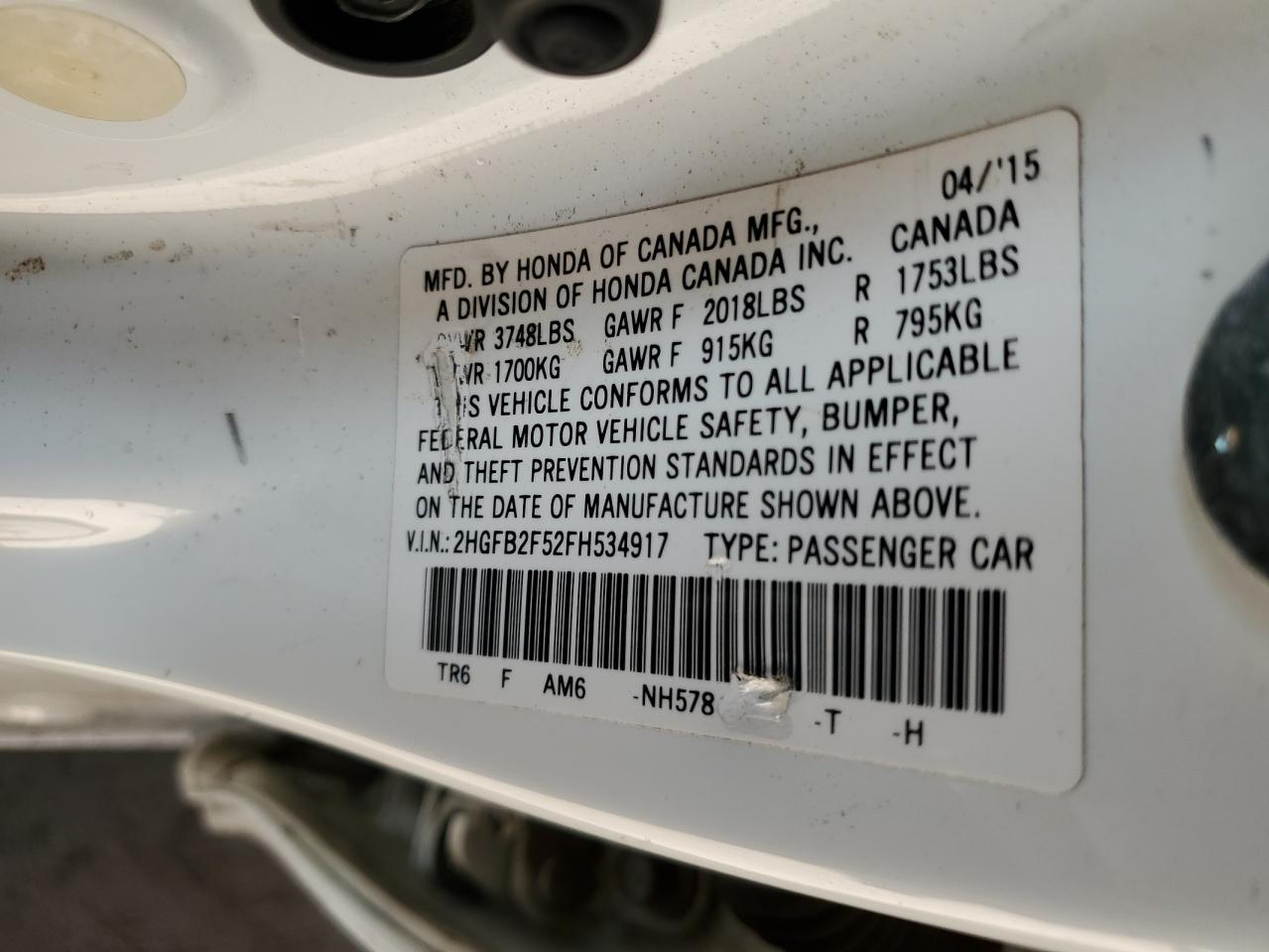 2015 Honda Civic Lx VIN: 2HGFB2F52FH534917 Lot: 49661065