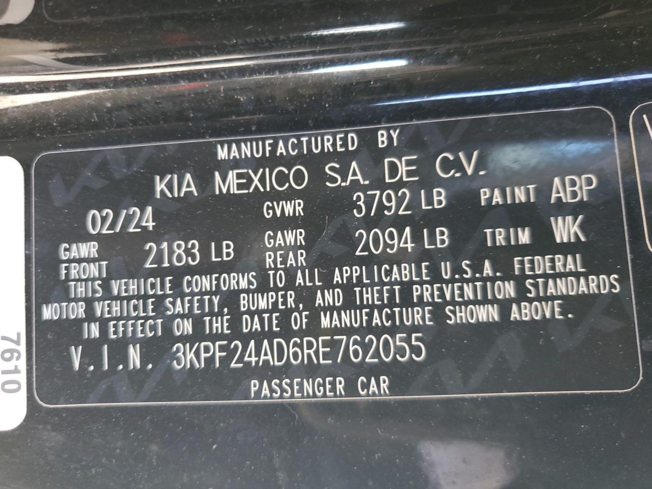2024 Kia Forte Lx VIN: 3KPF24AD6RE762055 Lot: 50212155