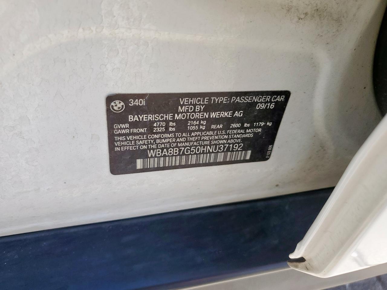2017 BMW 340 Xi VIN: WBA8B7G50HNU37192 Lot: 49540725
