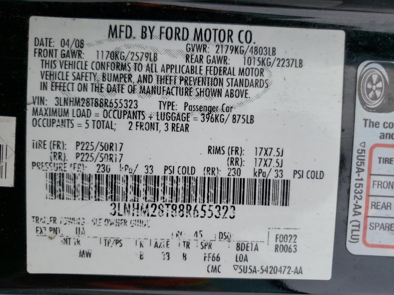 2008 Lincoln Mkz VIN: 3LNHM28T88R655323 Lot: 50830695