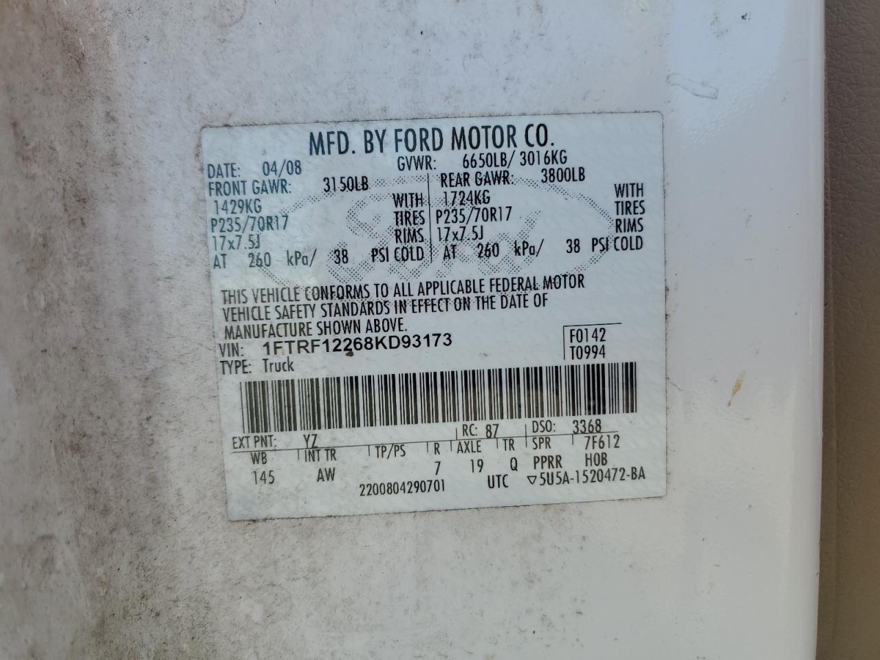 2008 Ford F150 VIN: 1FTRF12268KD93173 Lot: 50549075