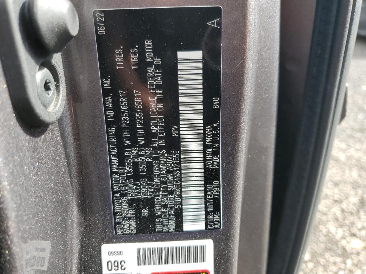 2022 Toyota Sienna Xle VIN: 5TDYRKEC4NS121559 Lot: 48438145