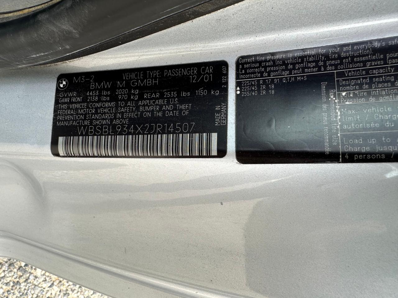 2002 BMW M3 VIN: WBSBL934X2JR14507 Lot: 48824825
