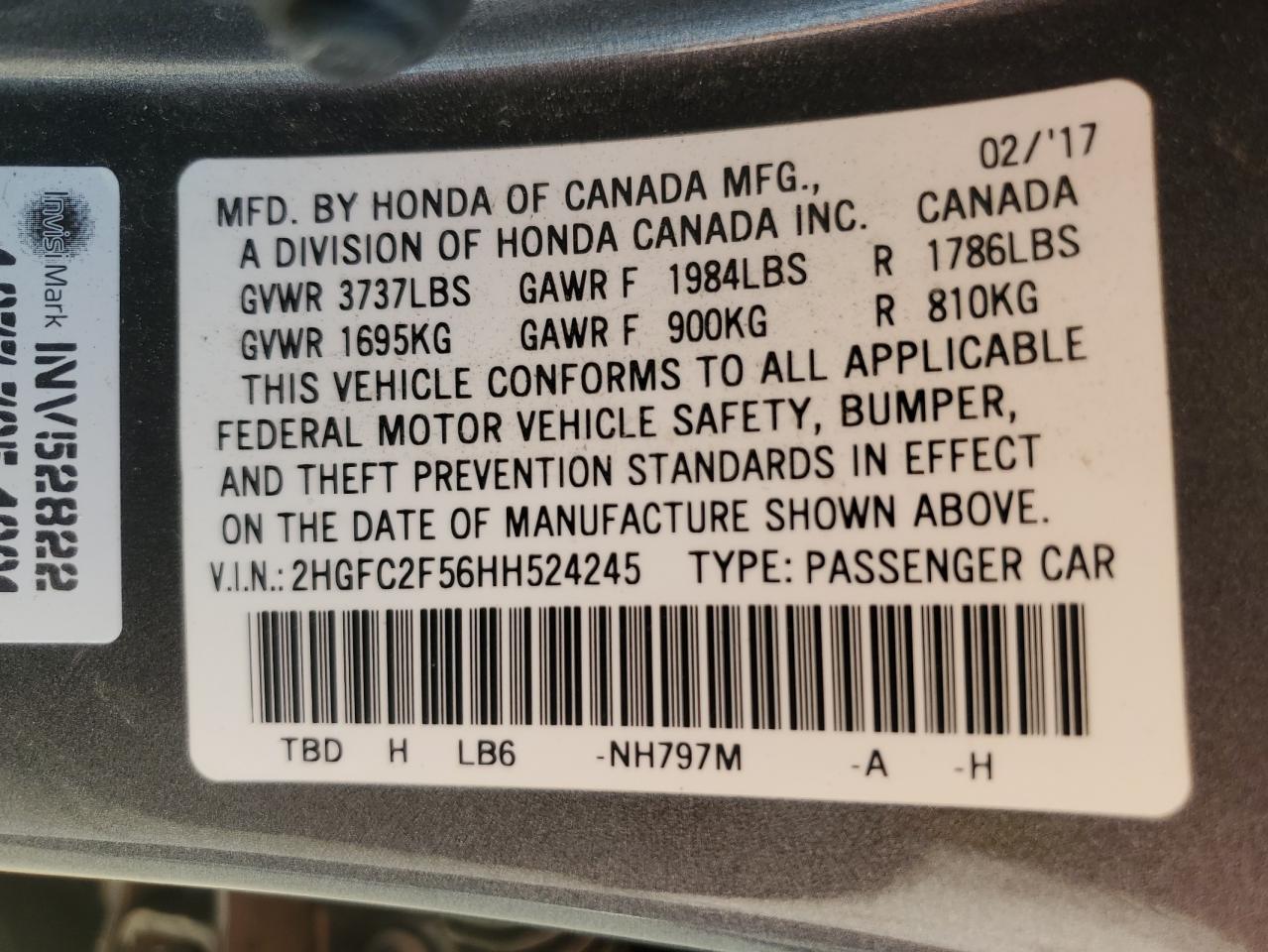 2017 Honda Civic Lx VIN: 2HGFC2F56HH524245 Lot: 50647635