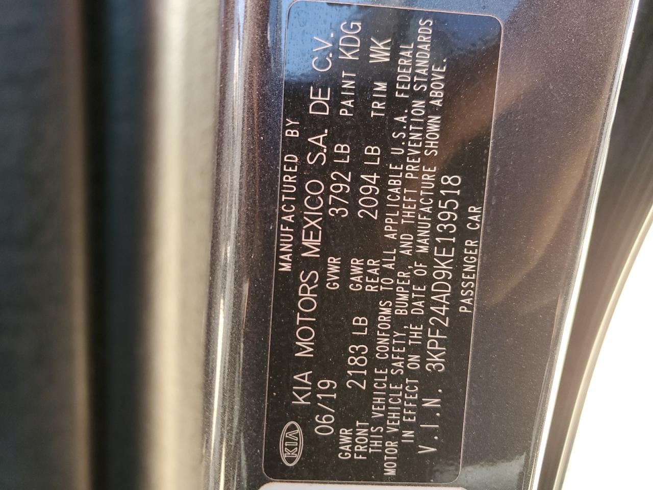 2019 Kia Forte Fe VIN: 3KPF24AD9KE139518 Lot: 48954925