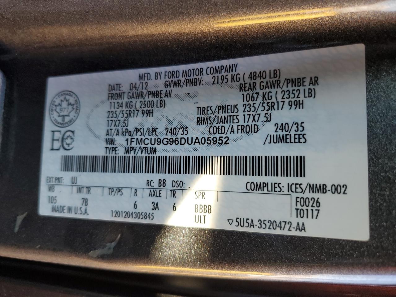2013 Ford Escape Se VIN: 1FMCU9G96DUA05952 Lot: 47470745