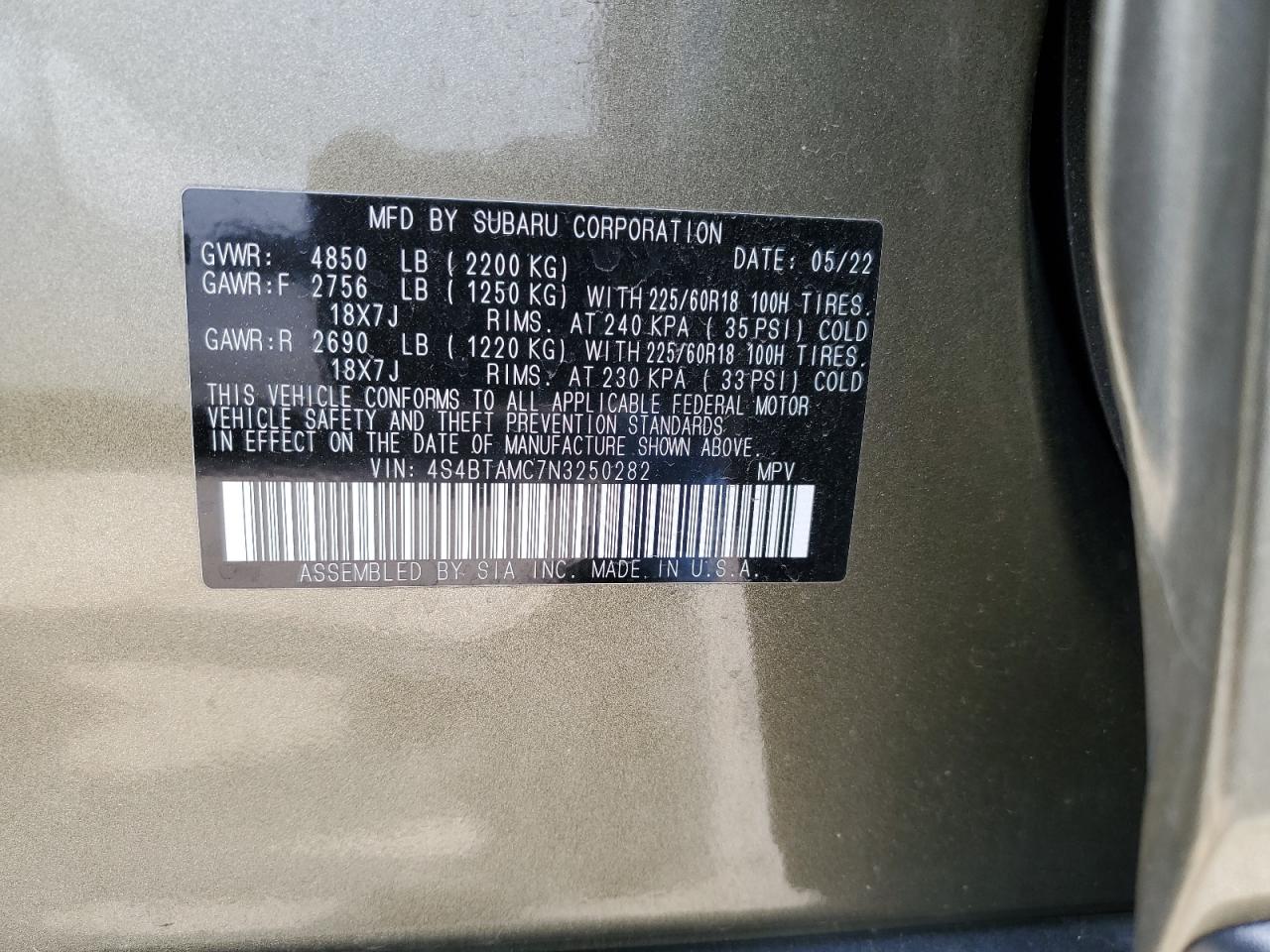 2022 Subaru Outback Limited VIN: 4S4BTAMC7N3250282 Lot: 48425215