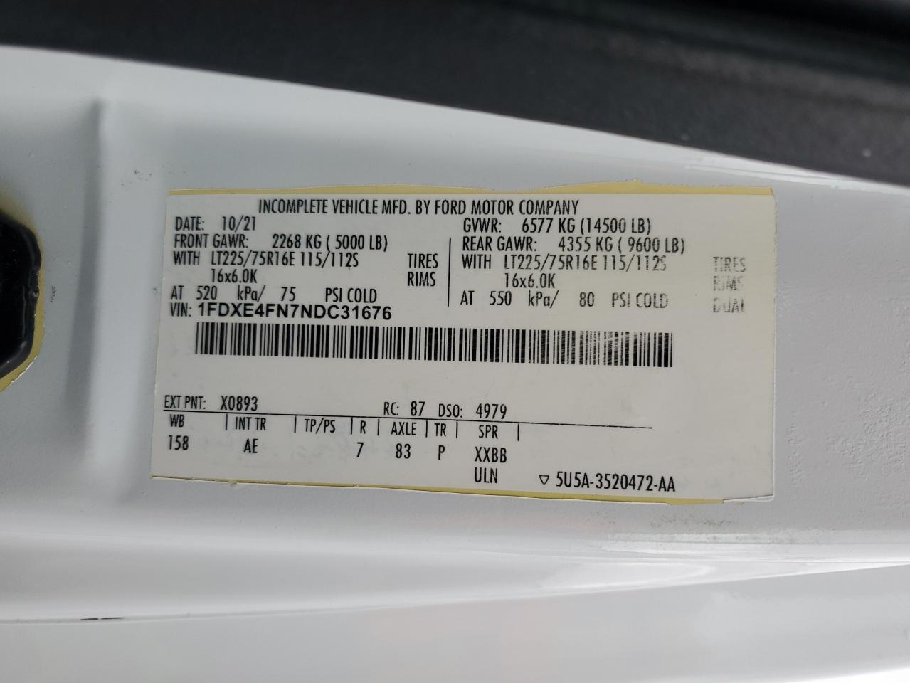 2022 Ford Econoline E450 Super Duty Cutaway Van VIN: 1FDXE4FN7NDC31676 Lot: 48362035