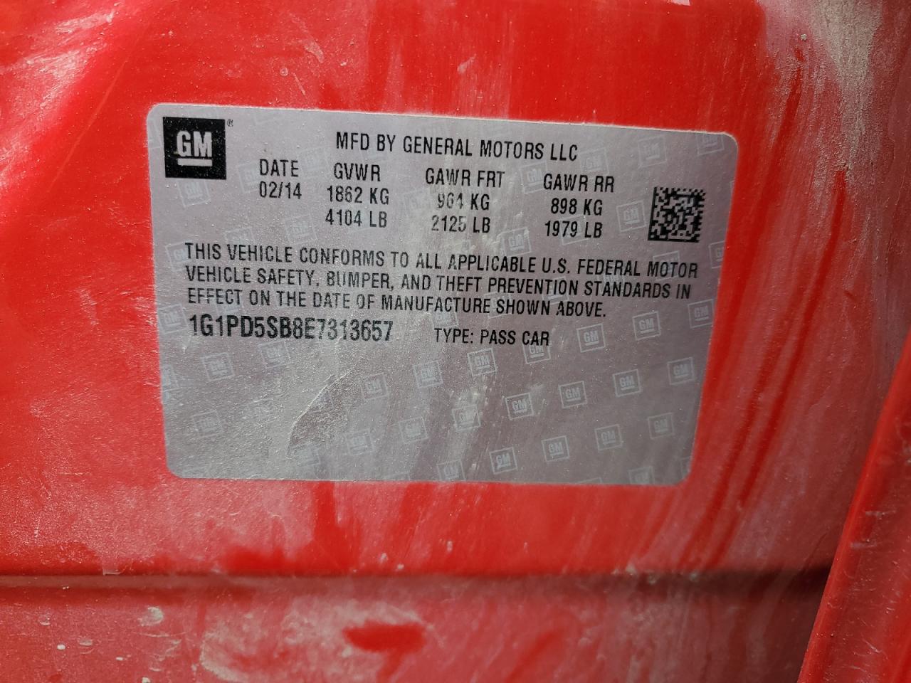 2014 Chevrolet Cruze Lt VIN: 1G1PD5SB8E7313657 Lot: 50406575