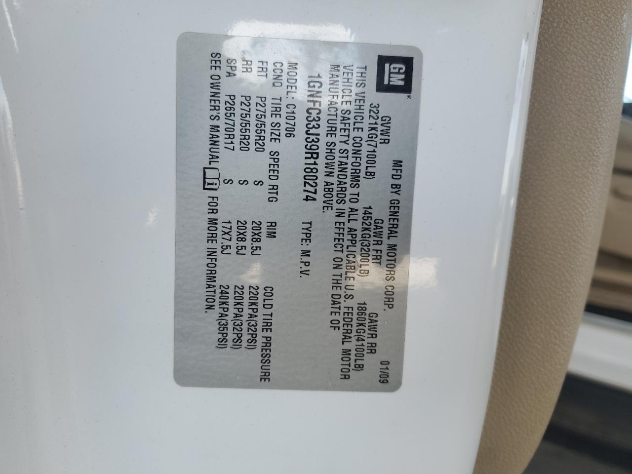 2009 Chevrolet Tahoe C1500 Ltz VIN: 1GNFC33J39R180274 Lot: 59546015