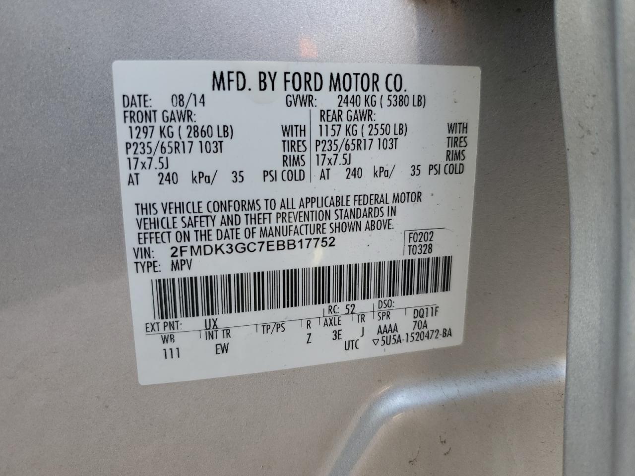 2014 Ford Edge Se VIN: 2FMDK3GC7EBB17752 Lot: 63874645