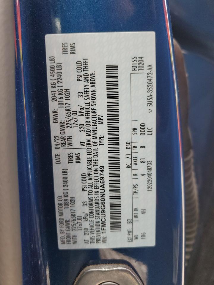 2022 Ford Escape Se VIN: 1FMCU9G60NUA69749 Lot: 47491265