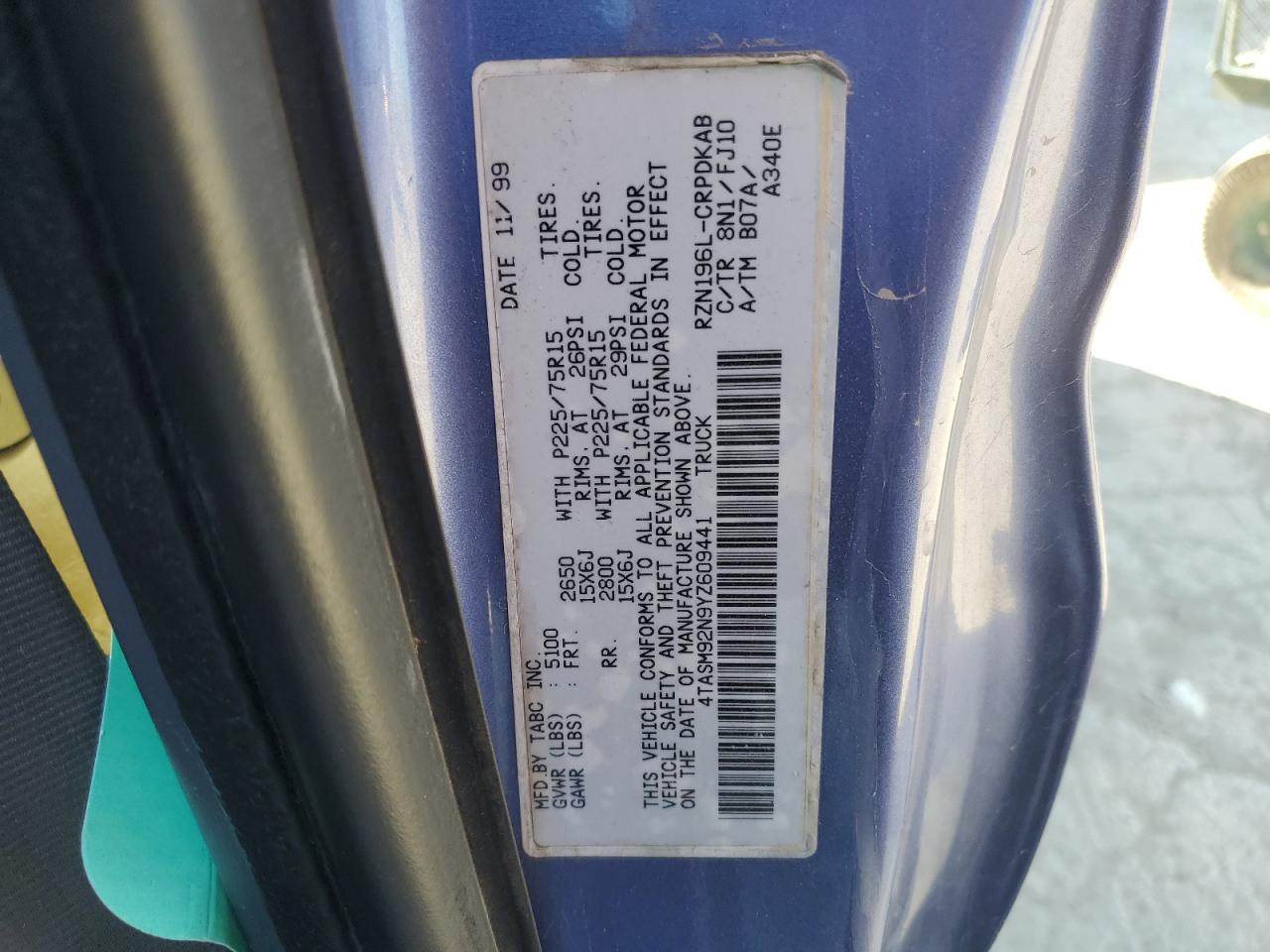 2000 Toyota Tacoma Xtracab Prerunner VIN: 4TASM92N9YZ609441 Lot: 44461035