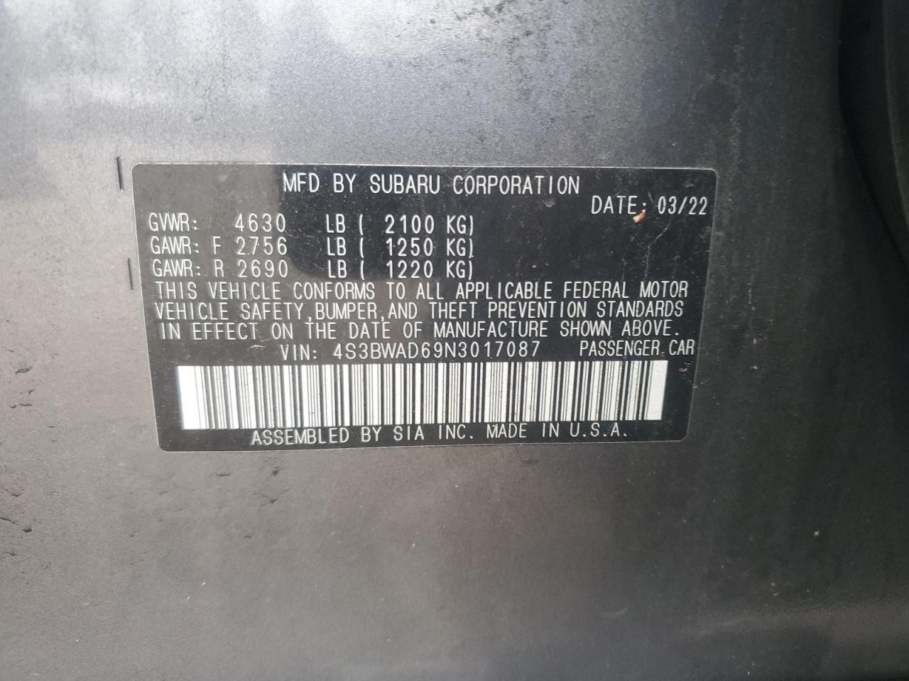 2022 Subaru Legacy Premium VIN: 4S3BWAD69N3017087 Lot: 49069365