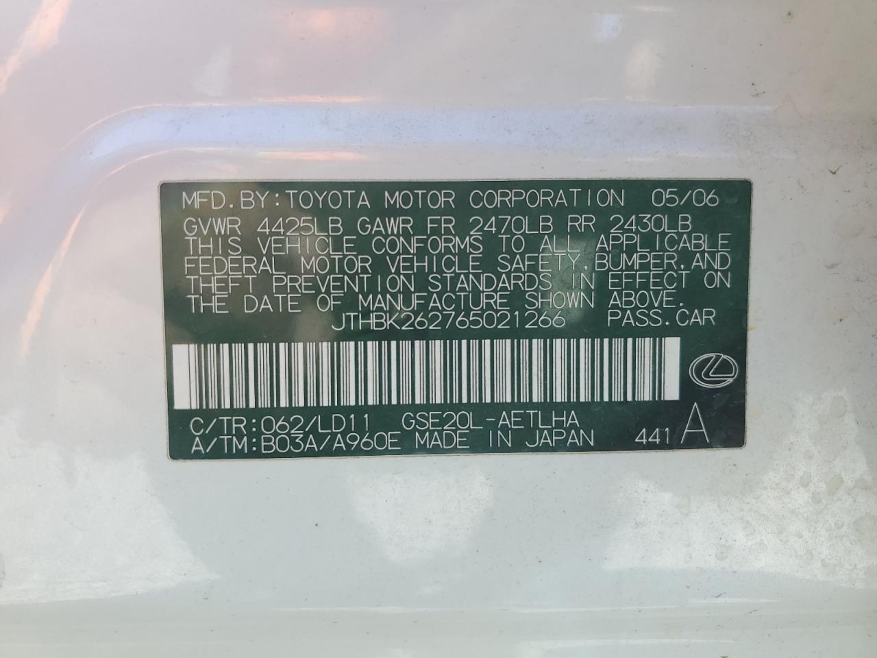 2006 Lexus Is 250 VIN: JTHBK262765021266 Lot: 50714545
