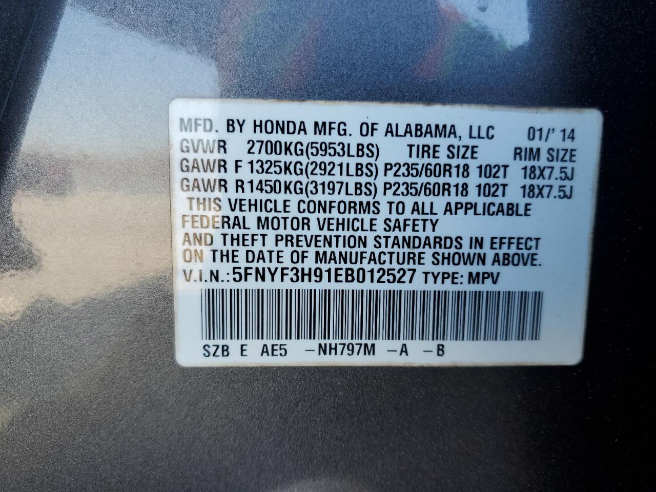 2014 Honda Pilot Touring VIN: 5FNYF3H91EB012527 Lot: 46533815