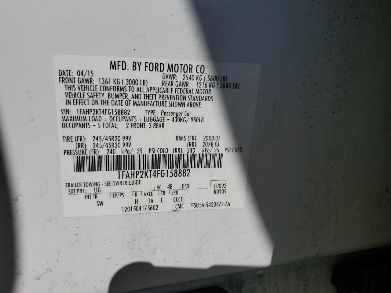 2015 Ford Taurus Sho VIN: 1FAHP2KT4FG158882 Lot: 50691495