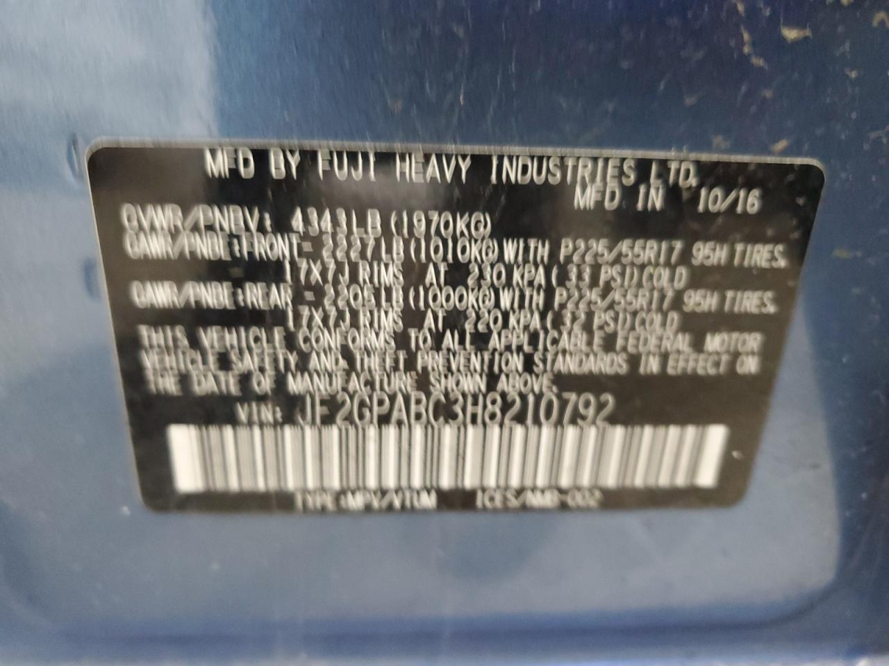 2017 Subaru Crosstrek Premium VIN: JF2GPABC3H8210792 Lot: 49506455