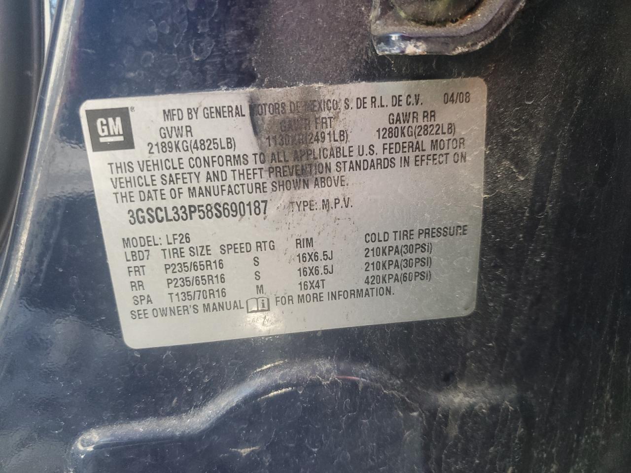 2008 Saturn Vue Xe VIN: 3GSCL33P58S690187 Lot: 46583415