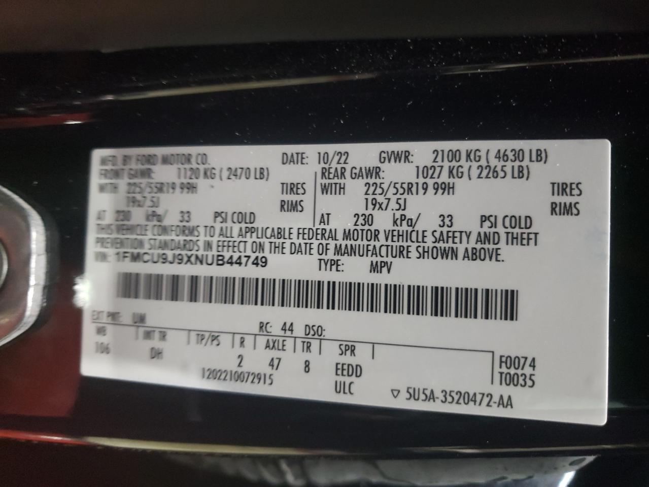 1fmcu9j9xnub44749 1FMCU9J9XNUB44749 2022 Ford Escape Titanium
