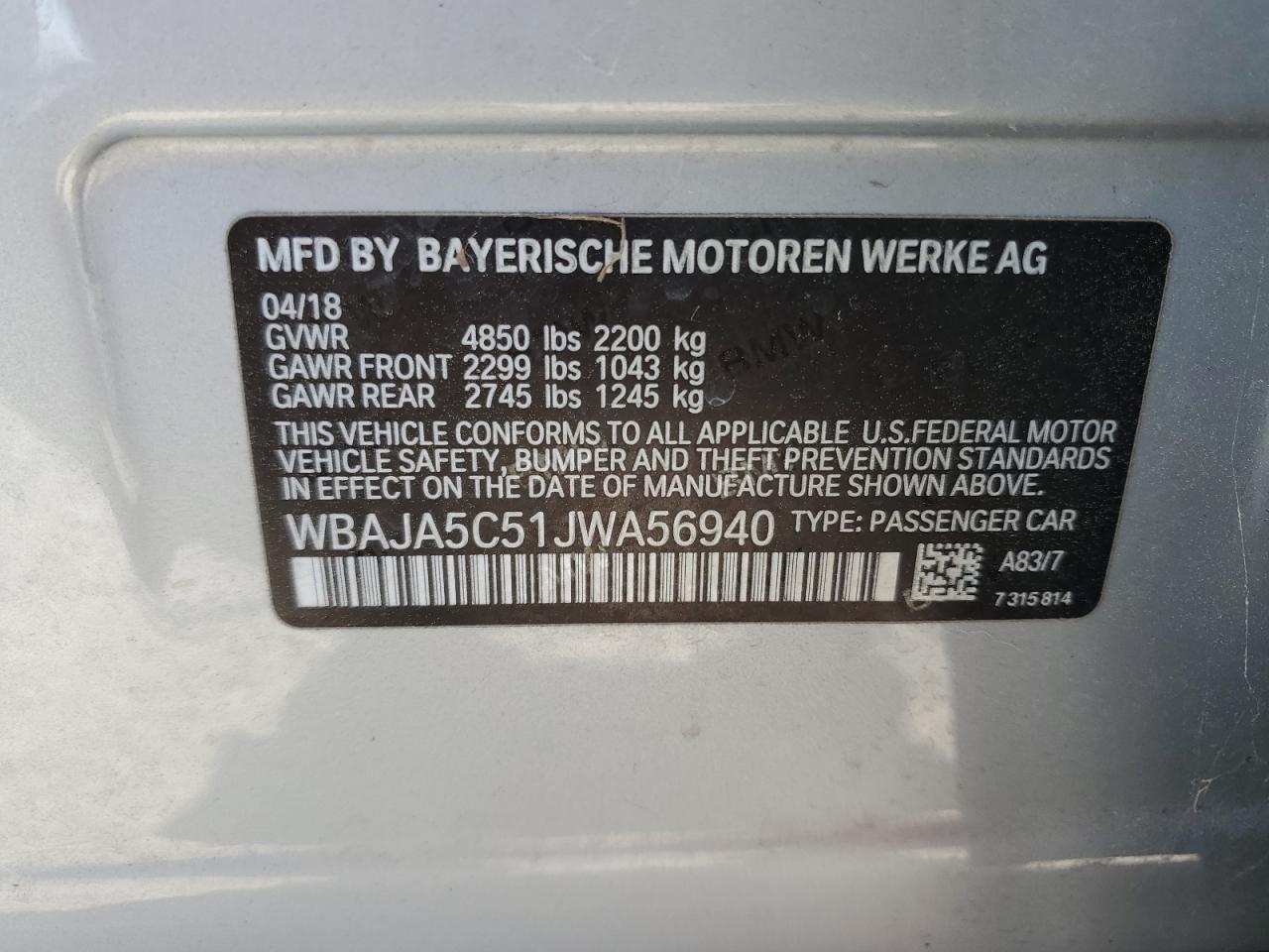 2018 BMW 530 I VIN: WBAJA5C51JWA56940 Lot: 50298415