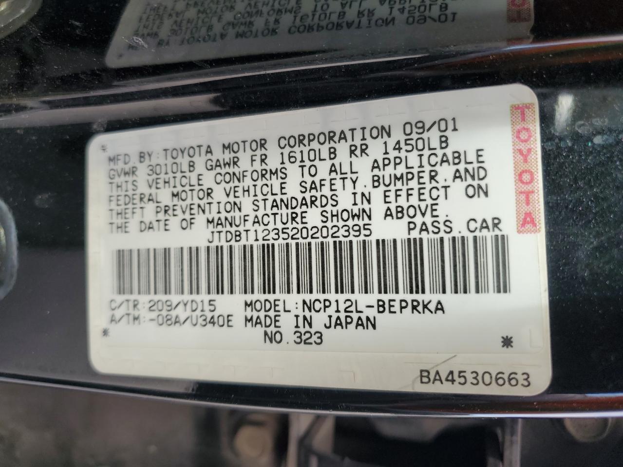 2002 Toyota Echo VIN: JTDBT123520202395 Lot: 51009525