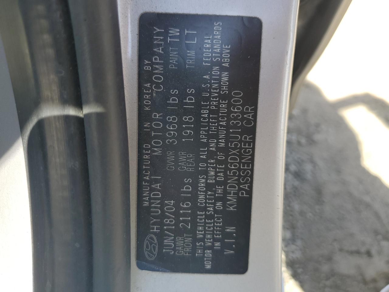 2005 Hyundai Elantra Gls VIN: KMHDN56DX5U133600 Lot: 50934515