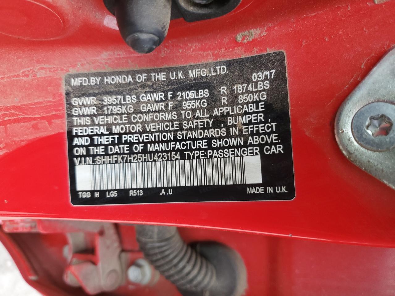 VIN: SHHFK7H25HU423154 2017 HONDA CIVIC
