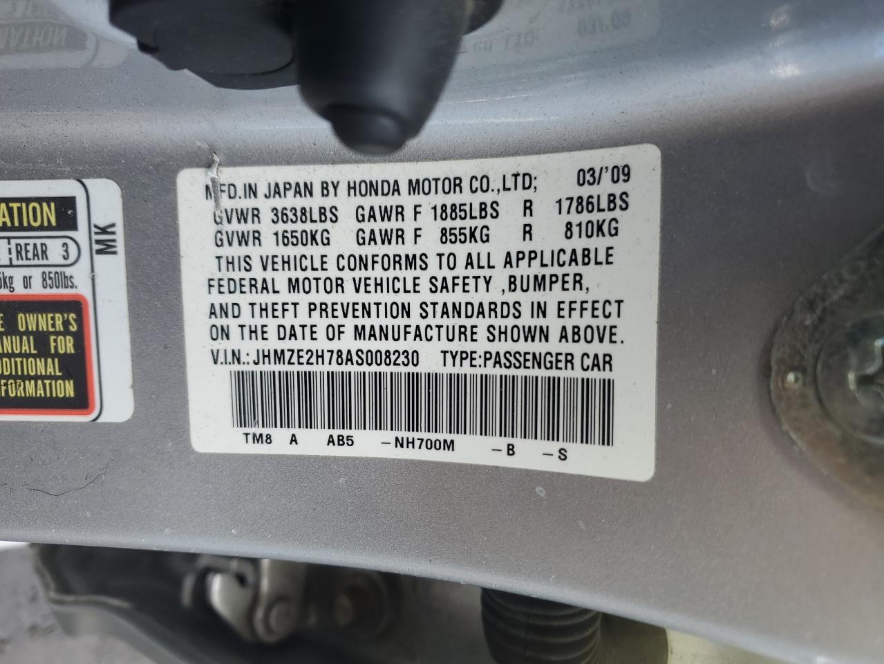 2010 Honda Insight Ex VIN: JHMZE2H78AS008230 Lot: 50172735