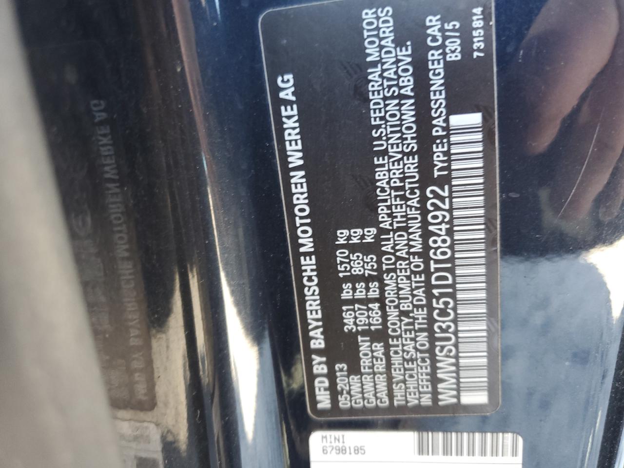 2013 Mini Cooper VIN: WMWSU3C51DT684922 Lot: 49670745