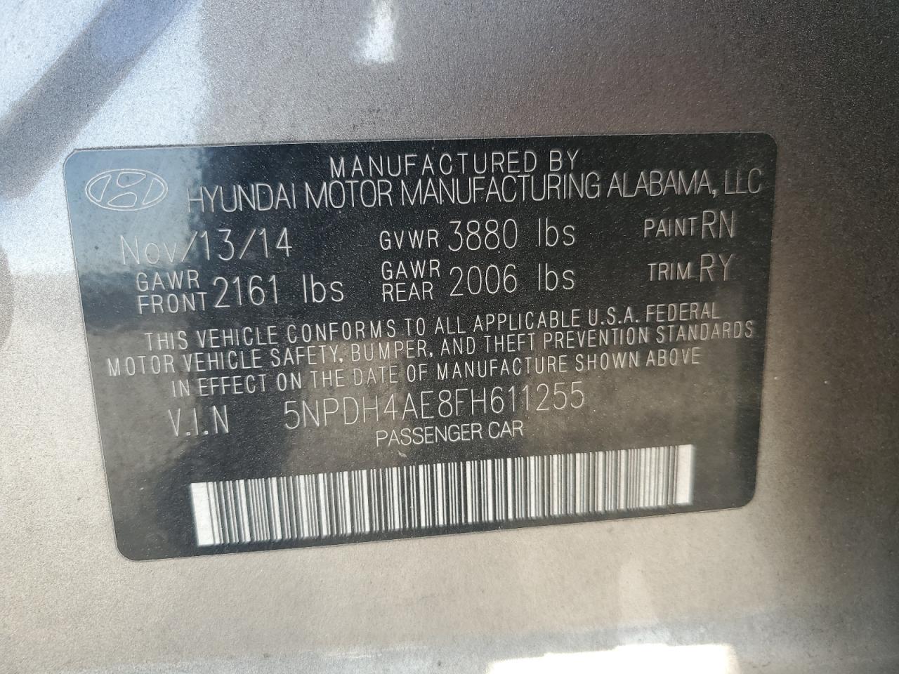 2015 Hyundai Elantra Se VIN: 5NPDH4AE8FH611255 Lot: 48538565