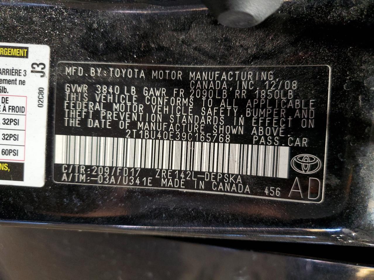2009 Toyota Corolla Base VIN: 2T1BU40E39C165768 Lot: 48862465