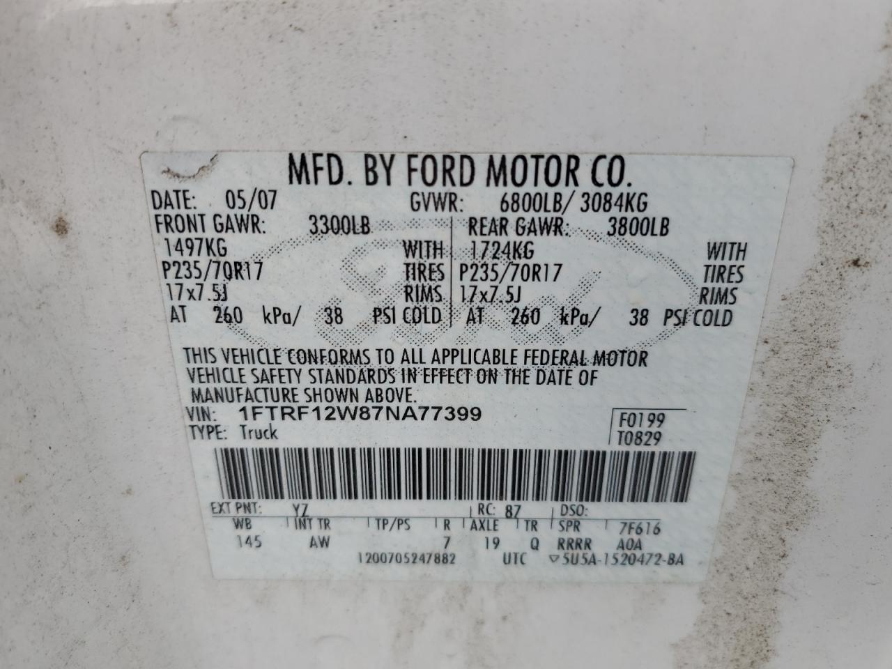 2007 Ford F150 VIN: 1FTRF12W87NA77399 Lot: 50920425