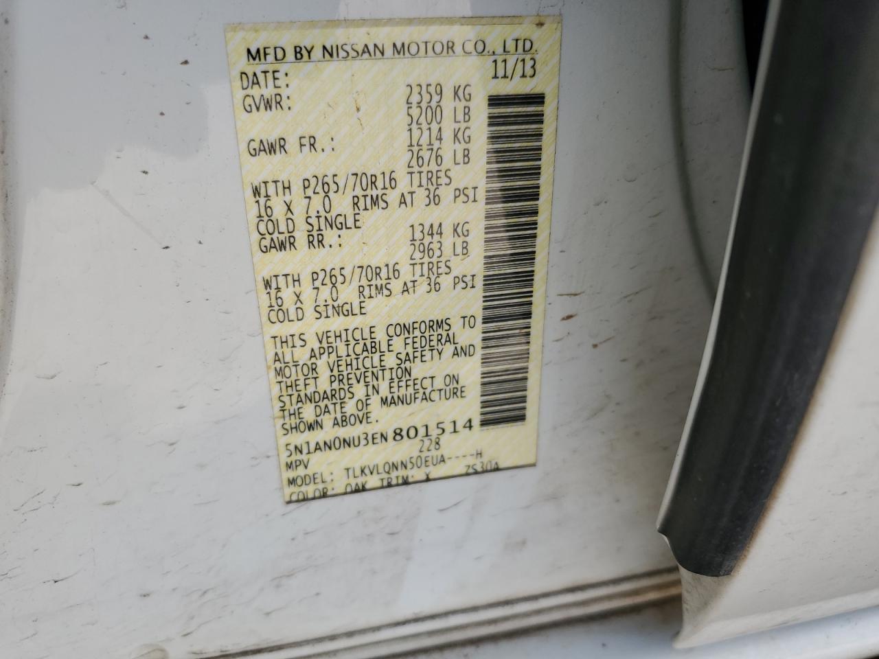 2014 Nissan Xterra X VIN: 5N1AN0NU3EN801514 Lot: 50030405