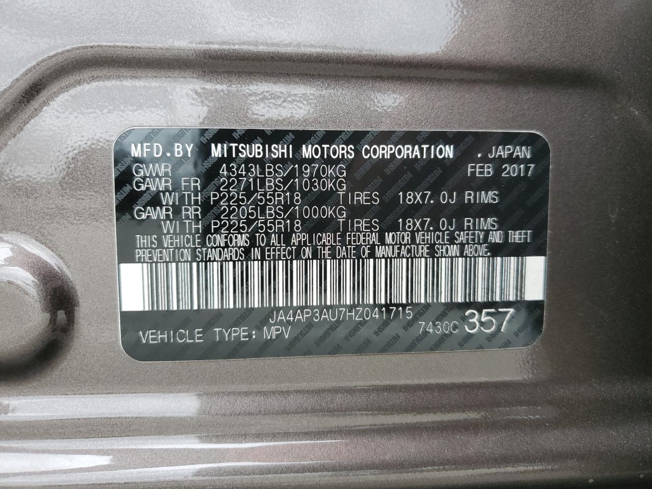 2017 Mitsubishi Outlander Sport Es VIN: JA4AP3AU7HZ041715 Lot: 50979535