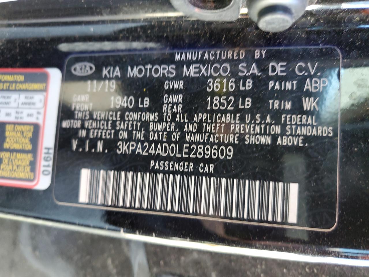 2020 Kia Rio Lx VIN: 3KPA24AD0LE289609 Lot: 50004735