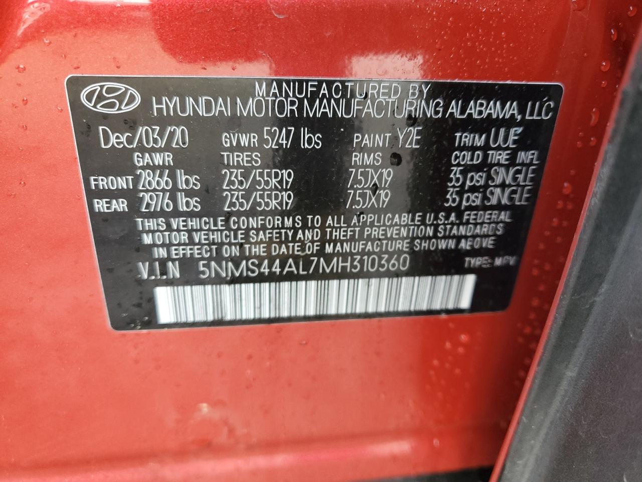 2021 Hyundai Santa Fe Limited VIN: 5NMS44AL7MH310360 Lot: 48356385