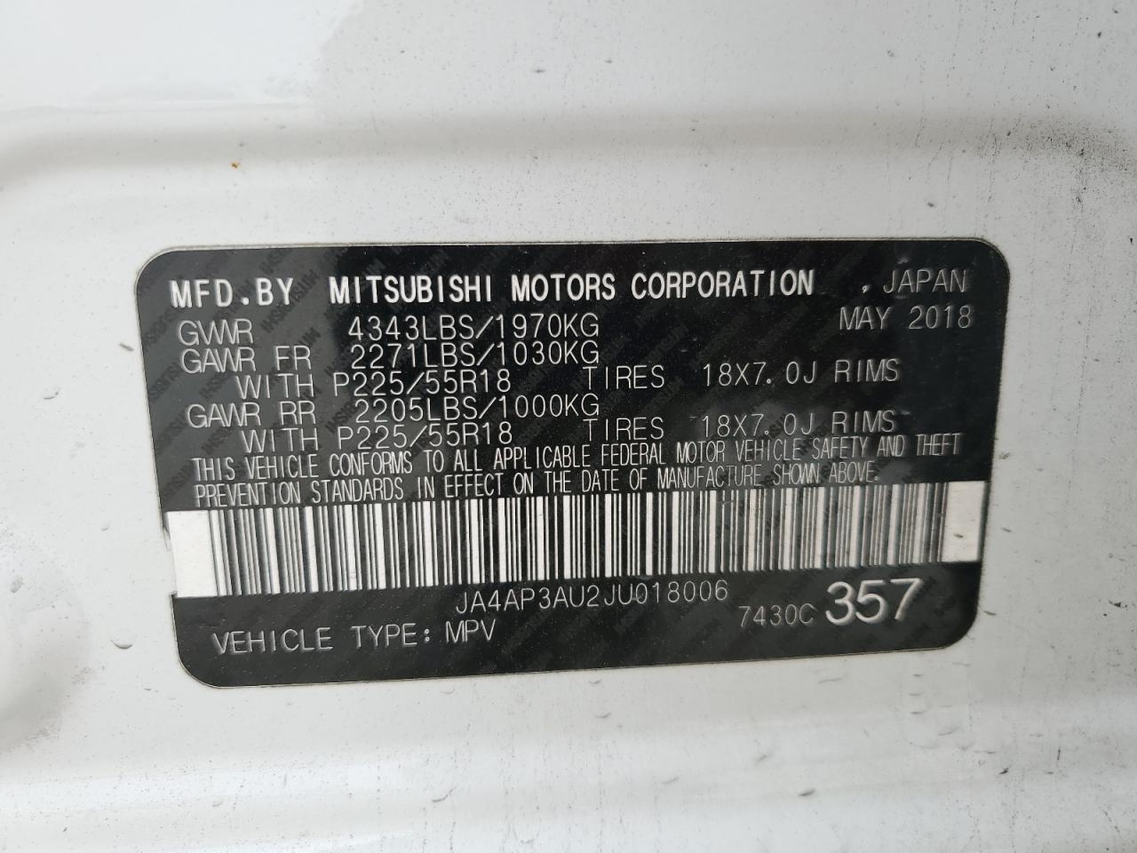 2018 Mitsubishi Outlander Sport Es VIN: JA4AP3AU2JU018006 Lot: 47816655
