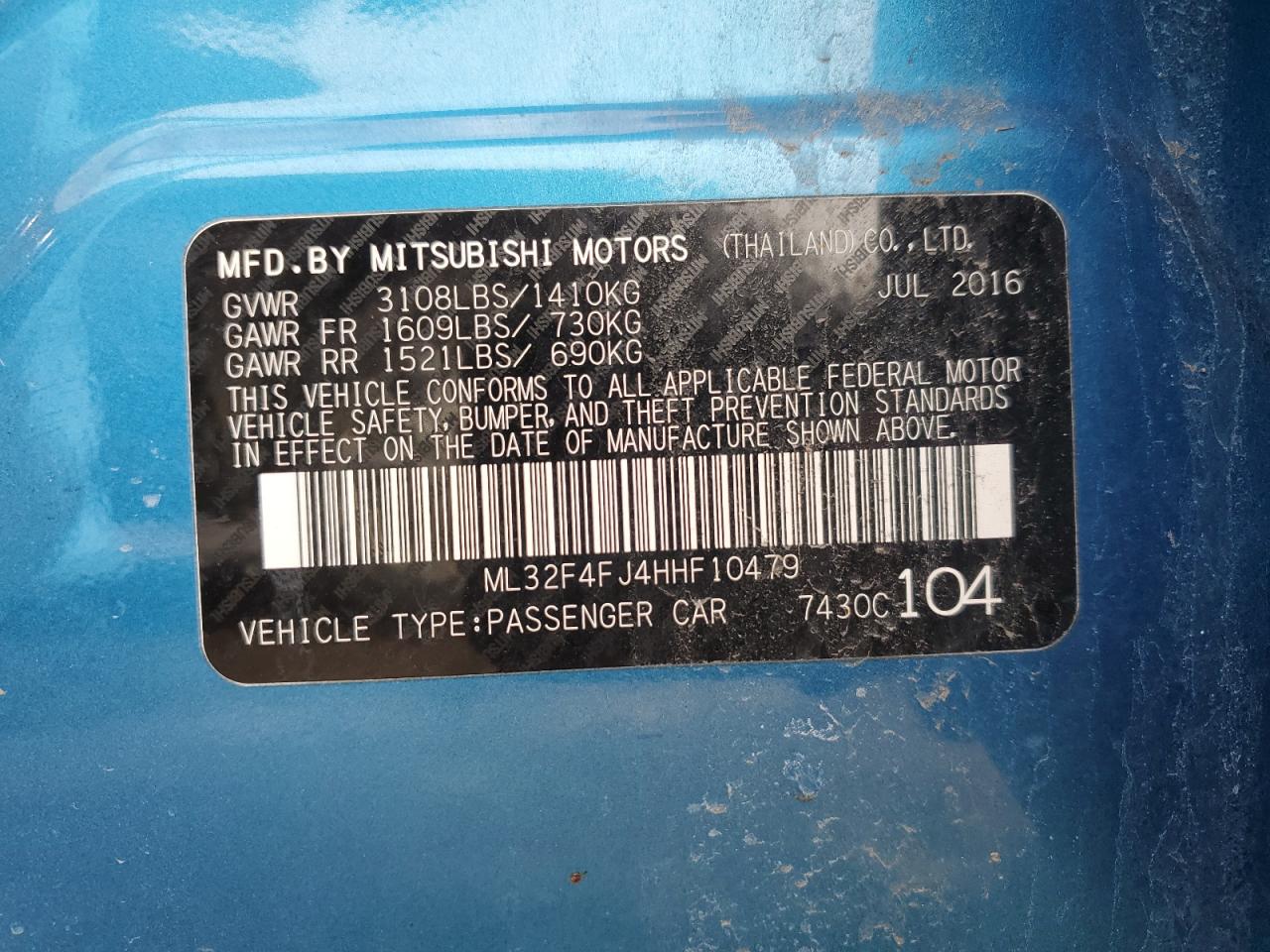 2017 Mitsubishi Mirage G4 Se VIN: ML32F4FJ4HH10479 Lot: 47668765