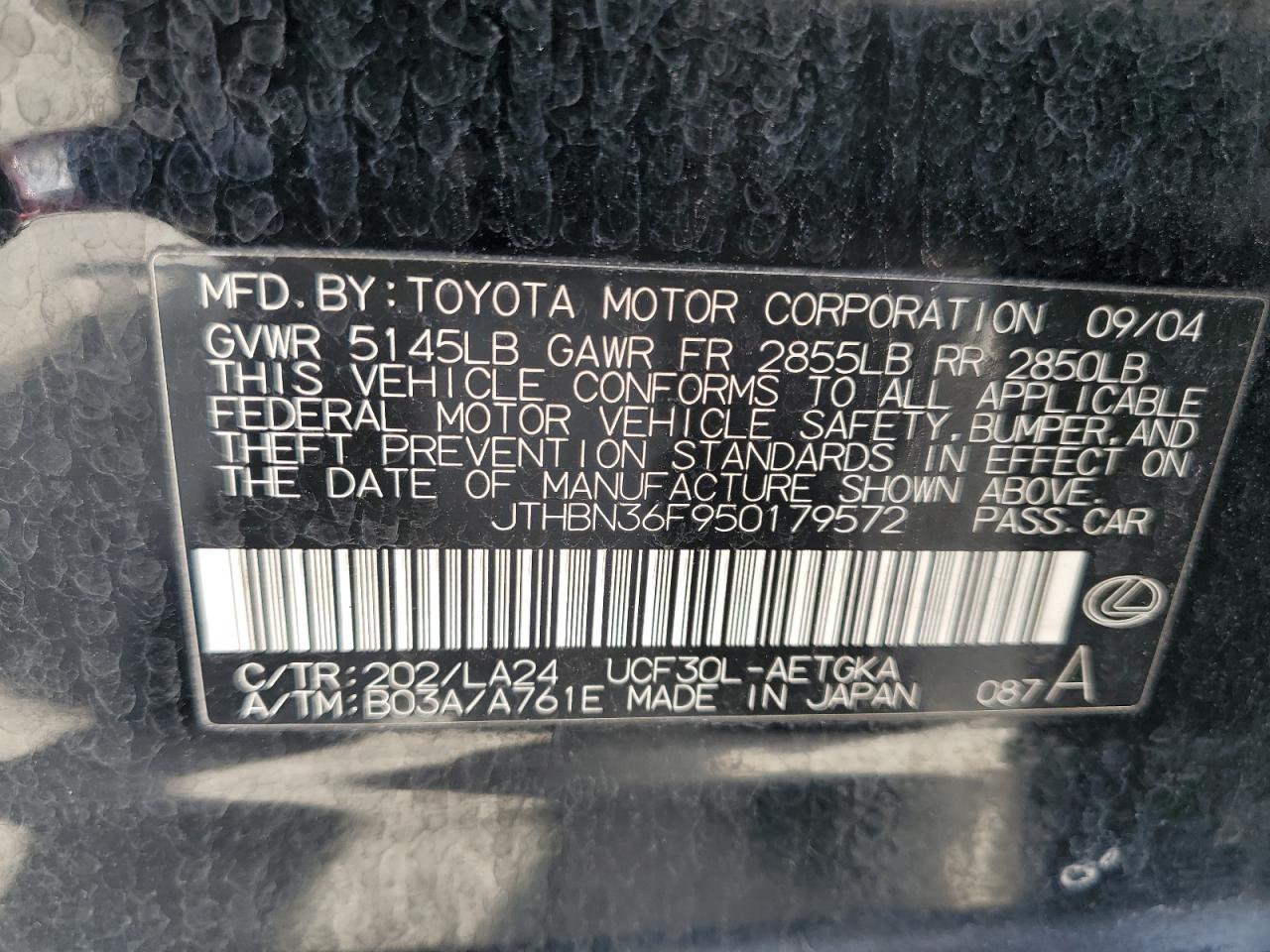 2005 Lexus Ls 430 VIN: JTHBN36F950179572 Lot: 48163845