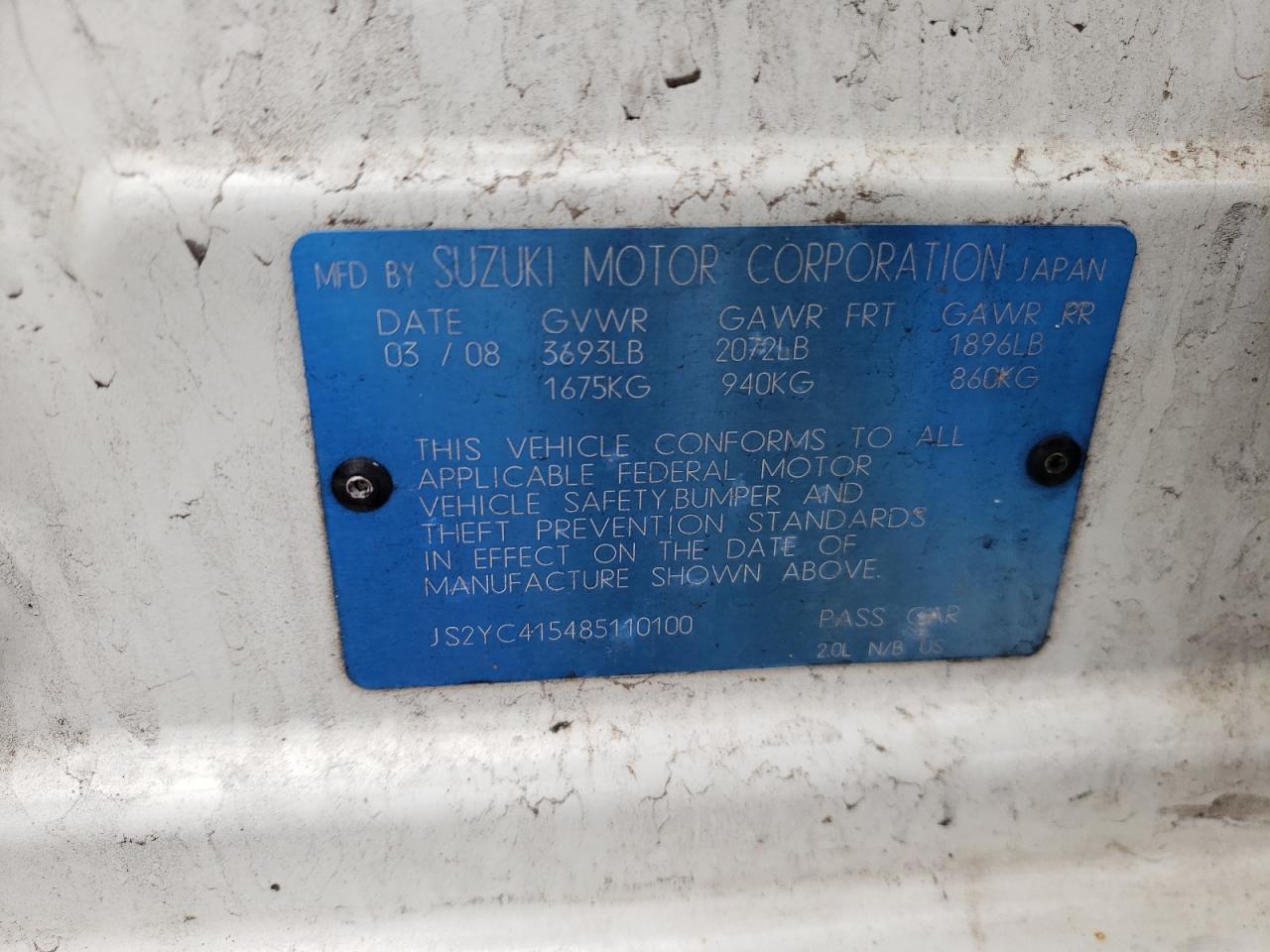 2008 Suzuki Sx4 Convenience VIN: JS2YC415485110100 Lot: 48031355