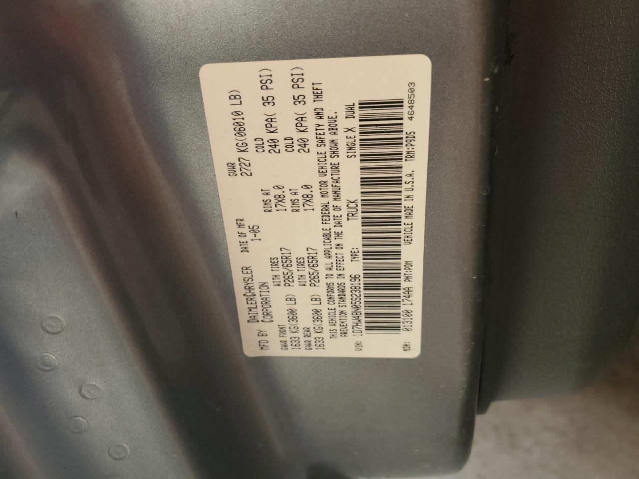 2005 Dodge Dakota Quad Slt VIN: 1D7HW48N05S238196 Lot: 50662145