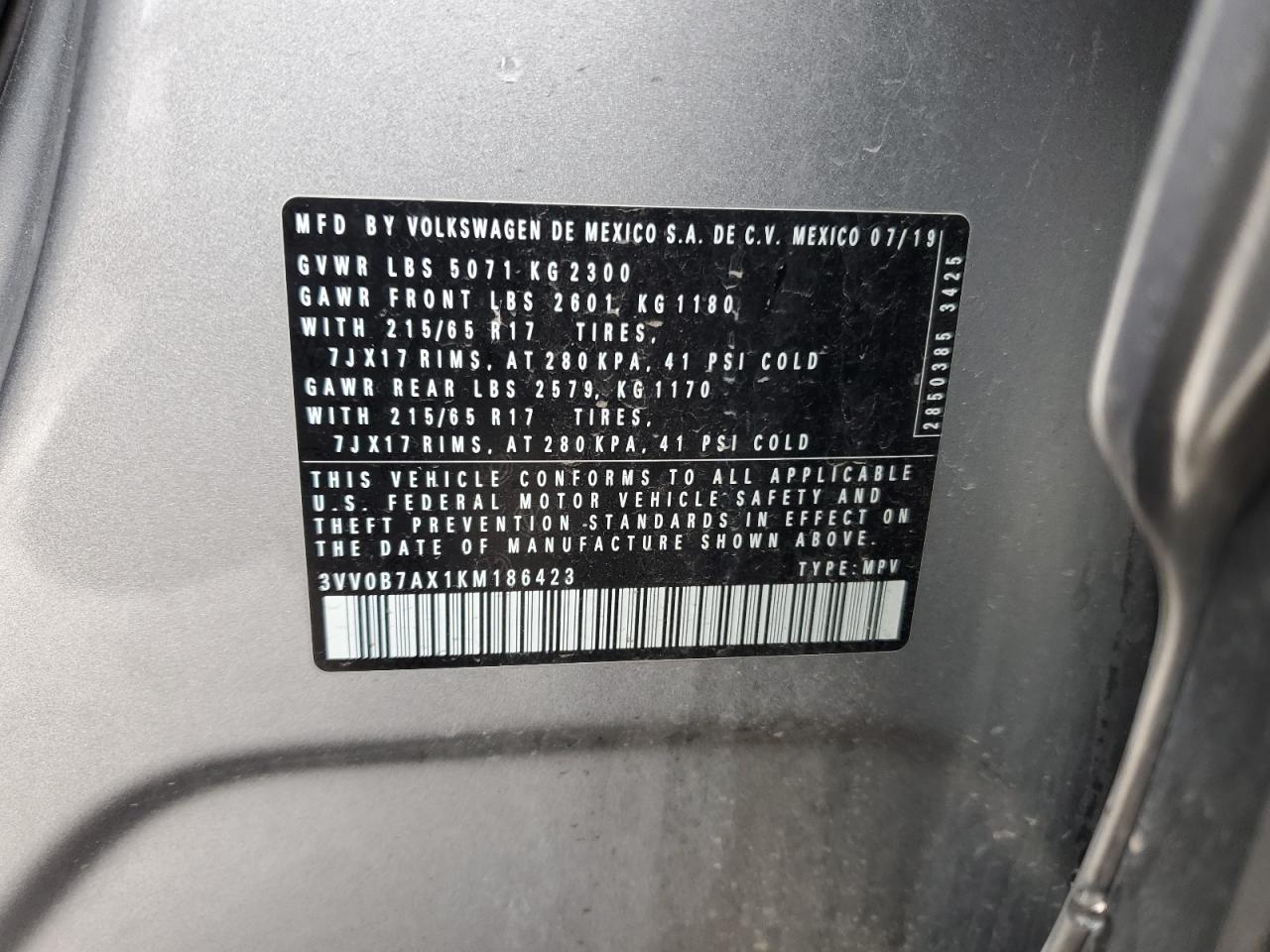 2019 Volkswagen Tiguan S VIN: 3VV0B7AX1KM186423 Lot: 48183965